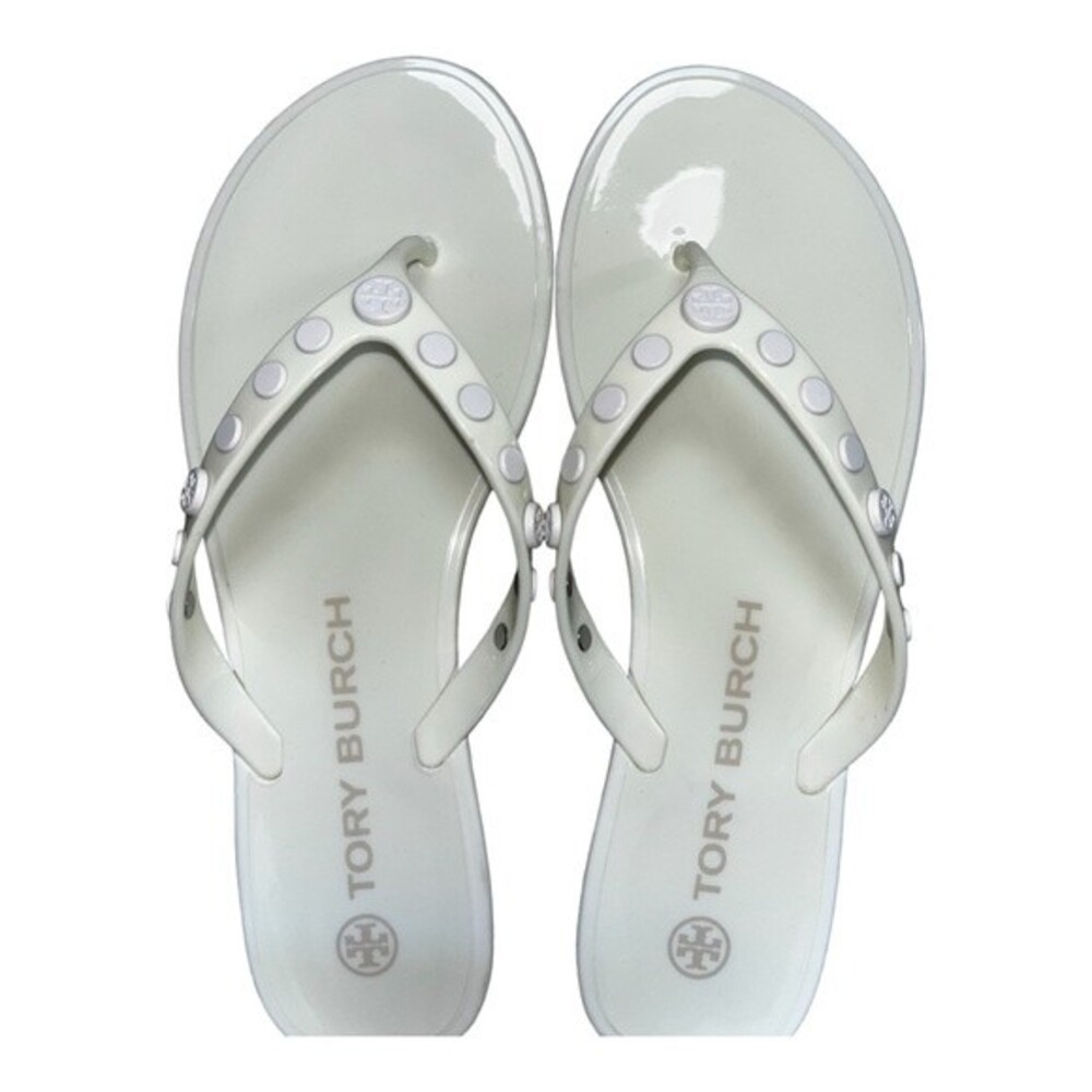 Tory Burch Studded Logo Jelly Ivory White Thong Flip Flop Sandals Women's 7